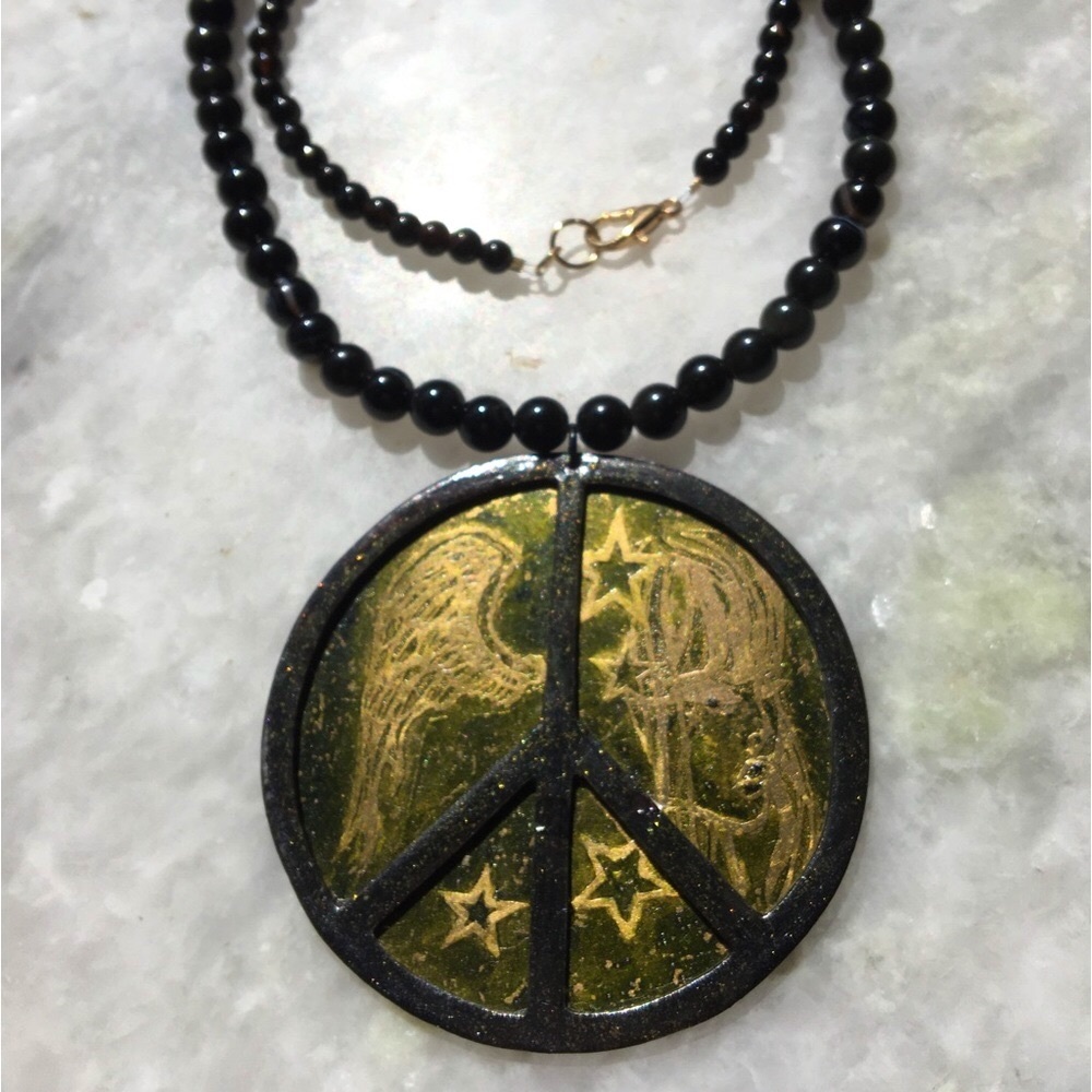 Peace Necklace | Handcrafted with black onyx and black agate beaded 18” necklace - Picture 1 of 15